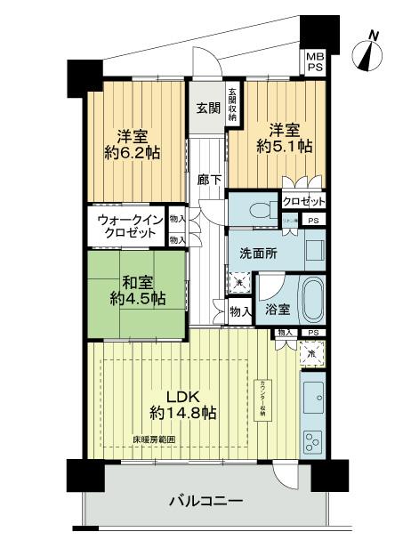 Floor plan. 3LDK, Price 29,800,000 yen, Footprint 73.1 sq m , Balcony area 12.24 sq m