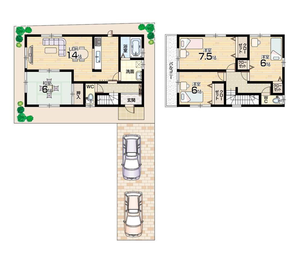Floor plan. 24,800,000 yen, 4LDK, Land area 112.78 sq m , Building area 94.39 sq m parking two possible! Popular face-to-face kitchen!