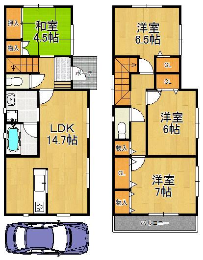 Floor plan. 20.8 million yen, 4LDK, Land area 101.08 sq m , Comfortable new life in the building area 93.14 sq m in town!