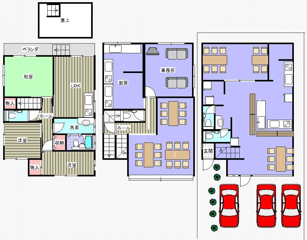 Floor plan. 35,800,000 yen, 3LDK + 3S (storeroom), Land area 130.92 sq m , Building area 211.83 sq m 1 floor counter and parlor Second floor banquet for the parlor 3 floor residential
