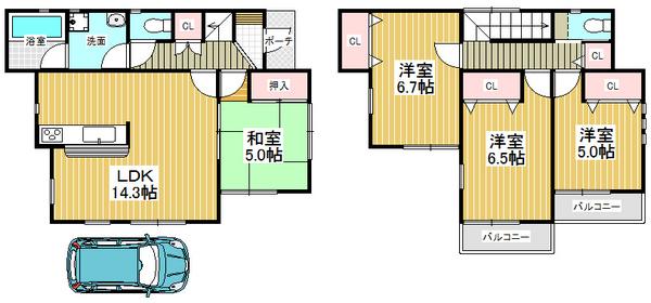 Floor plan. 19.9 million yen, 4LDK, Land area 94.46 sq m , Spacious living space in the building area 89.29 sq m total living room with storage space