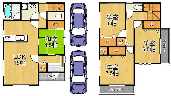Floor plan. 24,800,000 yen, 4LDK, Land area 102.33 sq m , Building area 97.2 sq m two-sided balcony, Convenient parking space two Allowed