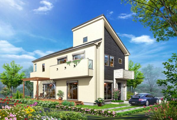 Rendering (appearance).  [Appearance plan view] Original realism design of monotone tone with sharp is, It showcases the personality of one house one House.