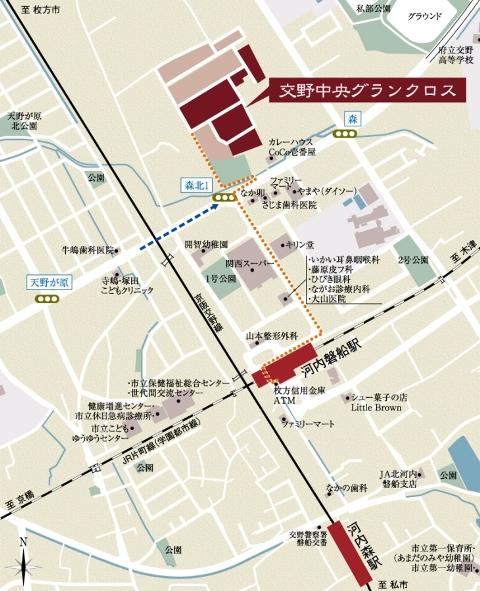 Local guide map.  ■ Peripheral map ■ JR Gakkentoshisen a 6-minute walk to the "kawachi iwafune" station, Keihan Katano Line "Kawachimori" a 9-minute walk to the station.