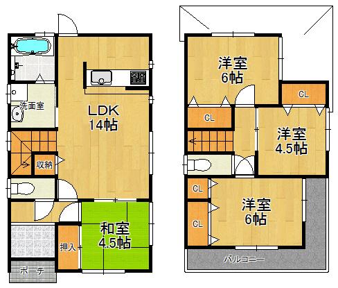 Floor plan. 31,800,000 yen, 4LDK, Land area 130.05 sq m , Building area 86.86 sq m spacious balcony, Residence of 4LDK ☆