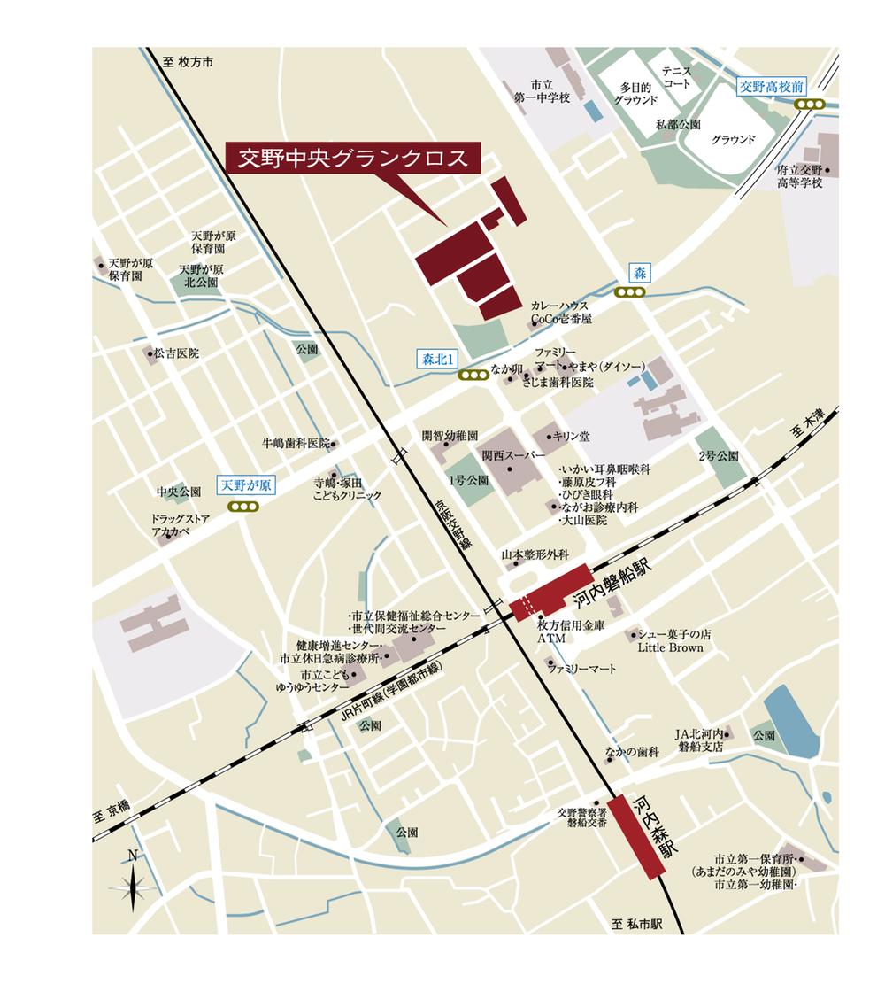 Local guide map. JR Gakkentoshisen 6-minute walk to the rapid stop station "kawachi iwafune" station