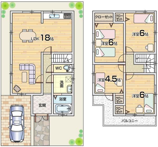 Floor plan. 21,800,000 yen, 4LDK, Land area 88.53 sq m , There are four design of the room in the building area 88.7 sq m 2 floor, We have established the first floor living room spacious space.