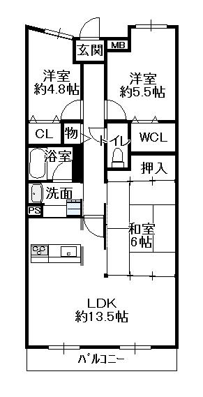 Floor plan. 3LDK, Price 10.3 million yen, Occupied area 69.34 sq m , Balcony area 9.86 sq m