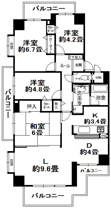 Floor plan. 4LDK, Price 9.5 million yen, Footprint 82.7 sq m , Balcony area 22.11 sq m