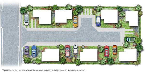 The entire compartment Figure. Precisely because all sections 100m2 or more of the site can be achieved, "a garden living". BBQ and garden party, You can also enjoy home garden. Please to enjoy the dream of the garden life. (Compartment view image illustrations)