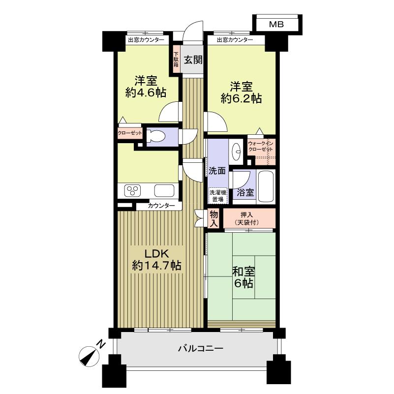 Floor plan. 3LDK, Price 14.8 million yen, Occupied area 69.19 sq m , Balcony area 9.98 sq m
