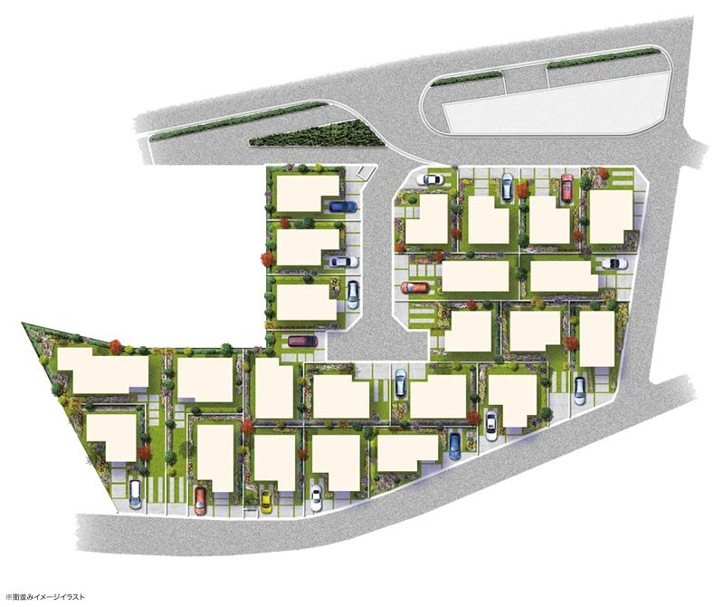 The entire compartment Figure. Achieve a beautiful town development played by nature and harmony. Town happy to child-rearing family in the warmth a community formation. (Compartment view image illustrations)