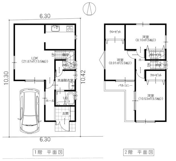 Building plan example (floor plan). Building plan example (B No. land PLAN example) 3LDK, Land price 11,315,000 yen, Land area 65.32 sq m , Building price 9,847,000 yen, Building area 73.53 sq m
