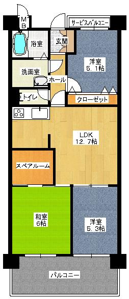 Floor plan. 3LDK + S (storeroom), Price 11.8 million yen, Footprint 65.7 sq m , Balcony area 12.45 sq m