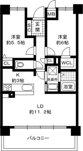 Floor plan. 2LDK, Price 16.8 million yen, Occupied area 55.81 sq m , Balcony area 10.8 sq m floor plan