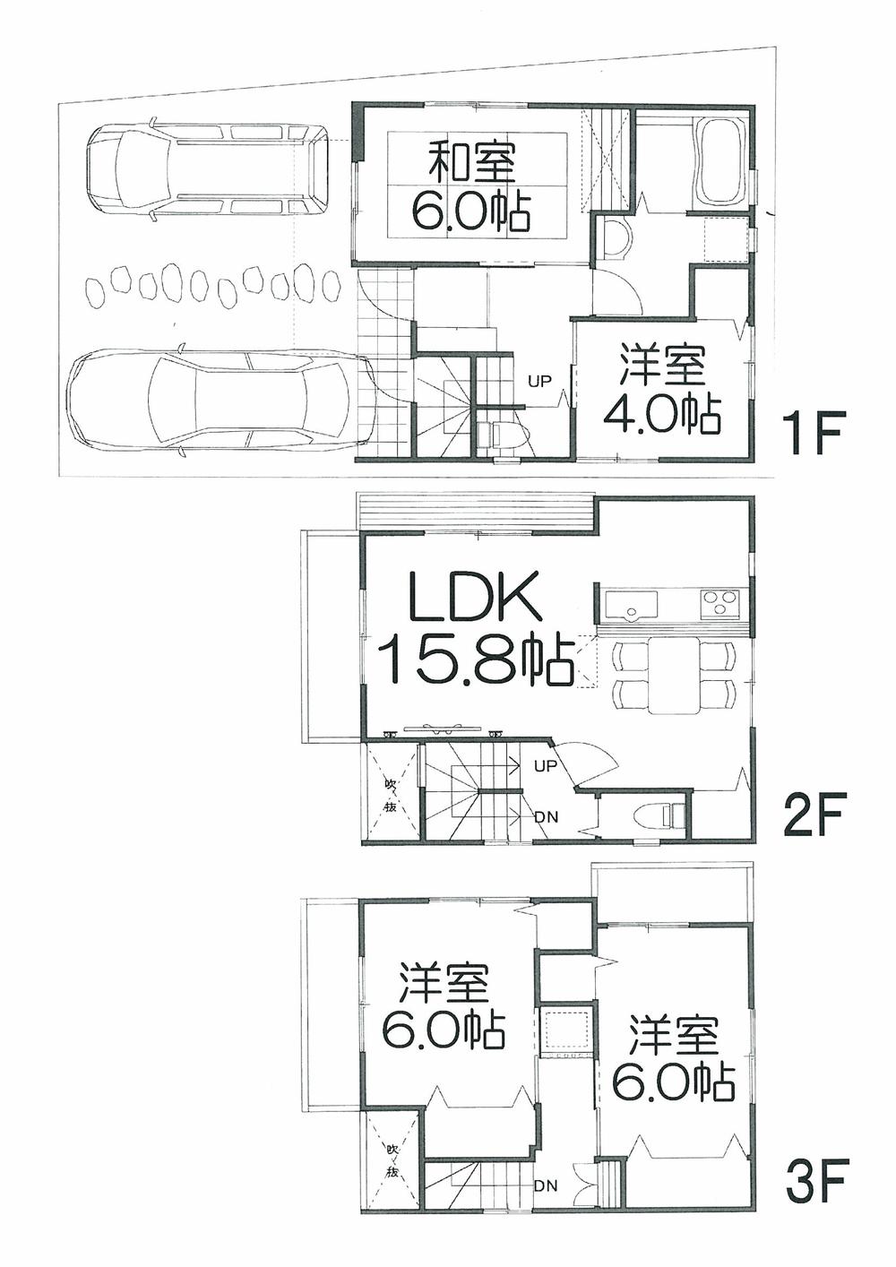 Floor plan. 25,800,000 yen, 4LDK, Land area 73.76 sq m , Building area 94.14 sq m 4LDK ・ Two garage ・ Two-sided balcony