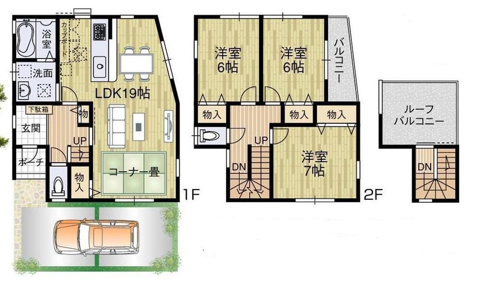 Floor plan. 26,300,000 yen, 3LDK, Land area 90.21 sq m , Building area 96.87 sq m 3LDK plus spacious roof balcony
