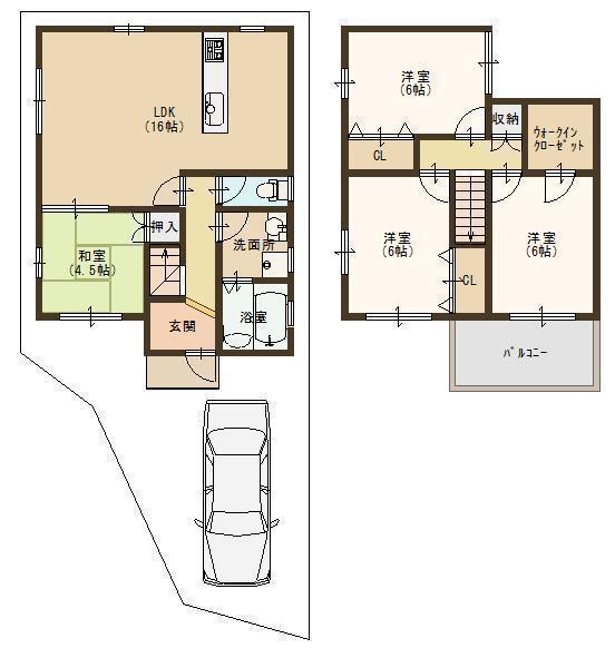Building plan example (floor plan). Building plan example (No. 2 place) 4LDK, Land price 18,460,000 yen, Land area 89.65 sq m , Building price 11,340,000 yen, Building area 89.1 sq m