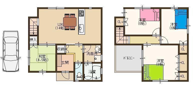 Building plan example (floor plan). Building plan example (No. 1 place) 4LDK, Land price 16,460,000 yen, Land area 88.8 sq m , Building price 11,340,000 yen, Building area 89.1 sq m