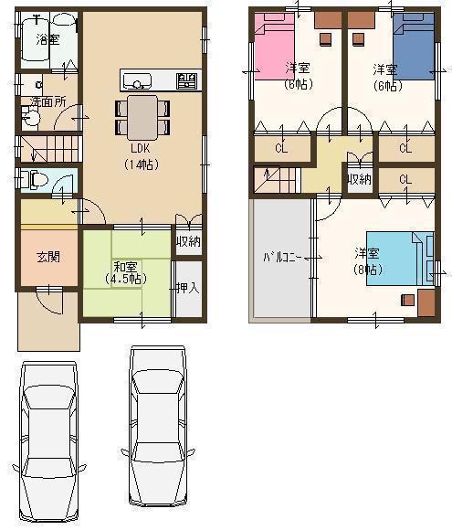 Building plan example (floor plan). Building plan example (No. 3 locations) 4LDK, Land price 19,460,000 yen, Land area 107.45 sq m , Building price 11,340,000 yen, Building area 89.1 sq m