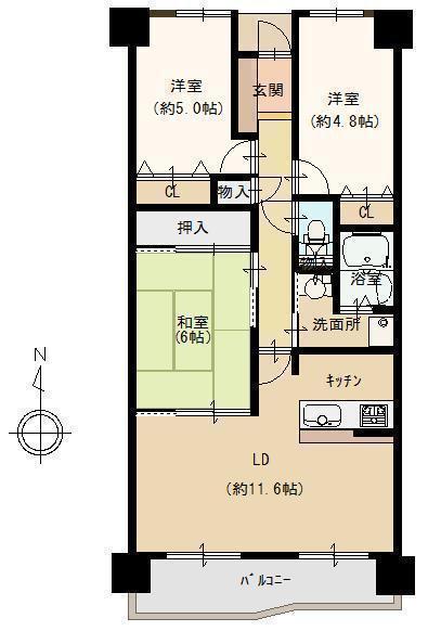 Floor plan. 3LDK, Price 14,980,000 yen, Footprint 68.5 sq m , Balcony area 11.04 sq m
