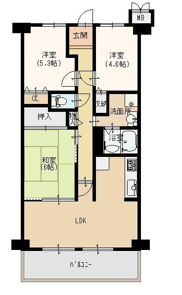 Floor plan. 3LDK, Price 9 million yen, Occupied area 64.18 sq m , Balcony area 10.44 sq m