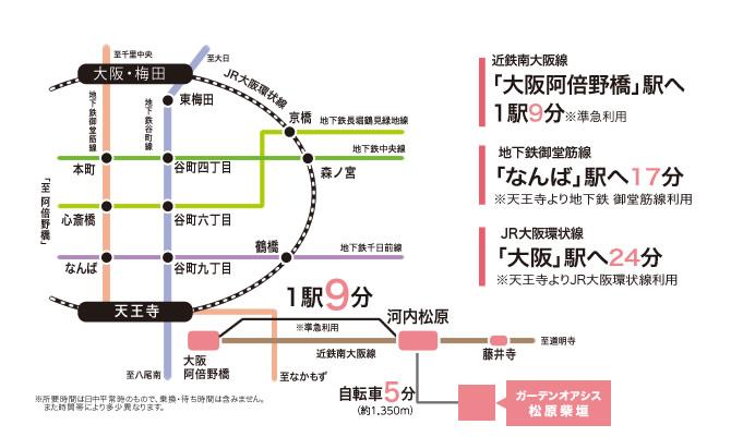 route map. Namba ・ Tennoji Comfortable access to the city. Life living environment where the facility is fulfilling charm within walking distance. (Access view)