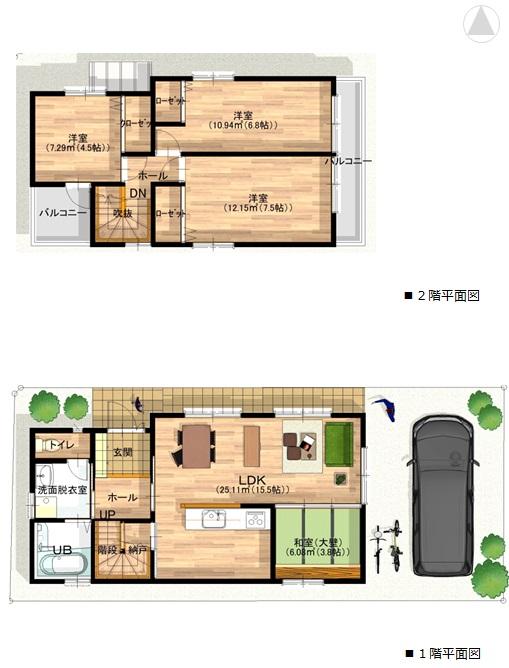 Building plan example (floor plan). Building plan example (E No. land) 4LDK, Land price 20,164,000 yen, Land area 93.87 sq m , Building price 13,090,000 yen, Building area 89.11 sq m