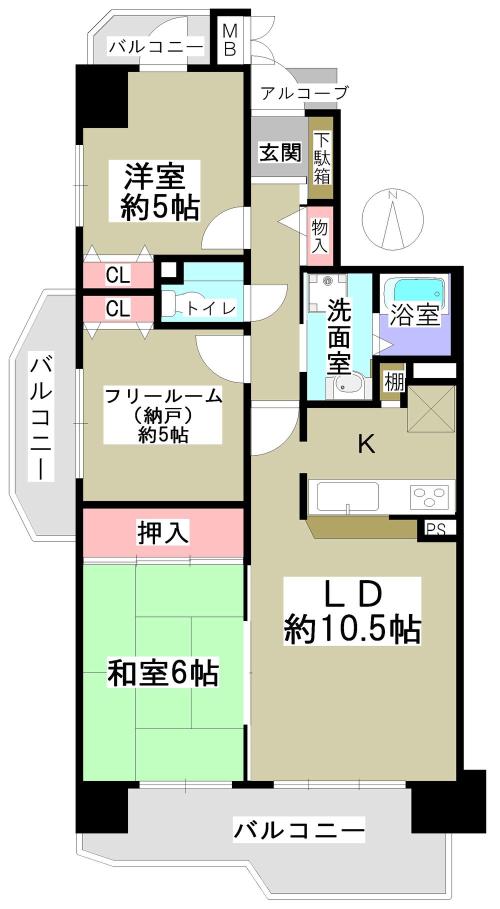 Floor plan. 2LDK + S (storeroom), Price 14.8 million yen, Occupied area 65.88 sq m , Three-sided balcony All rooms have storage space have a balcony area 16.58 sq m southwest angle room