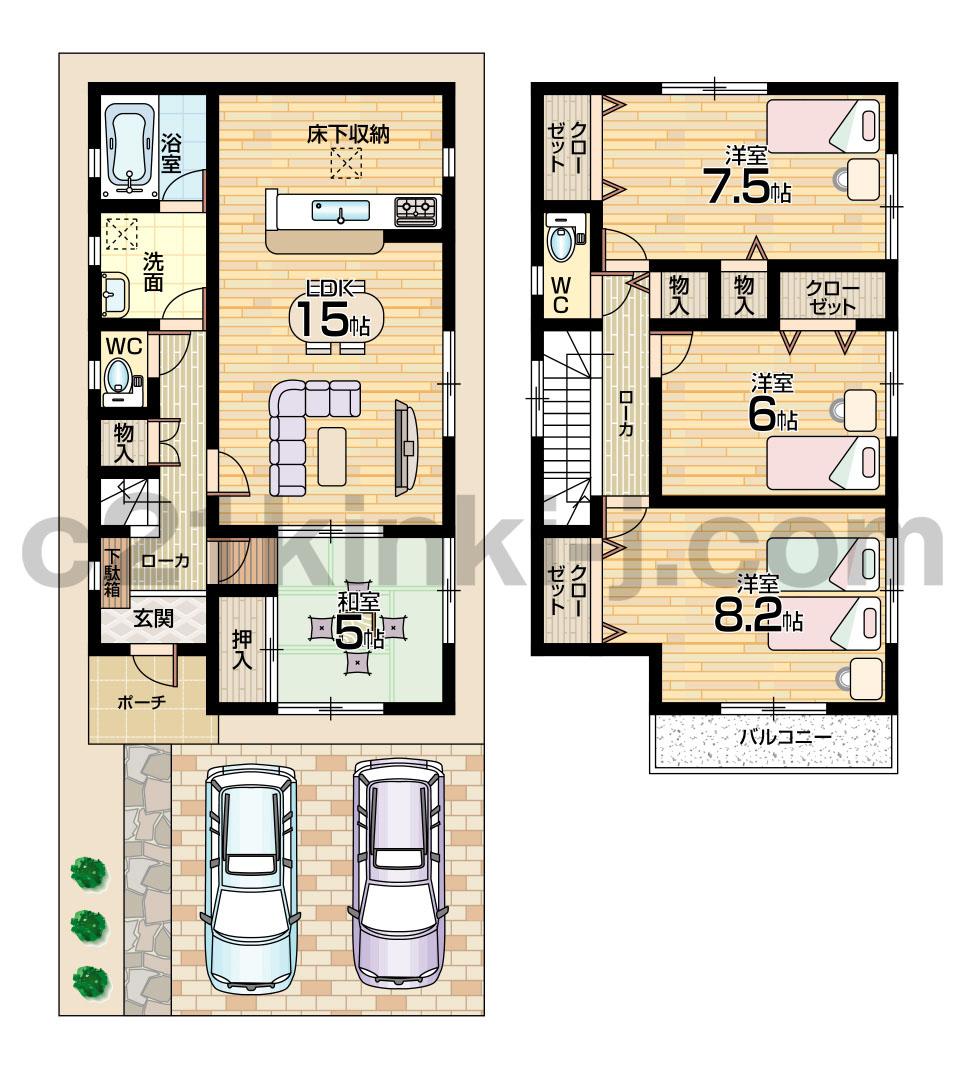 Floor plan. 21.5 million yen, 4LDK, Land area 112.13 sq m , Building area 98.01 sq m take-up view 4LDK! South-facing balcony!