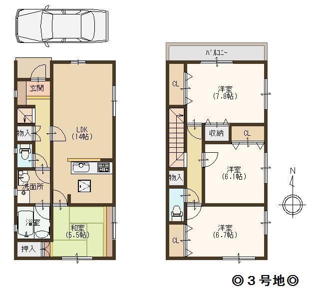 Floor plan. (3 Building), Price 20.5 million yen, 4LDK, Land area 103.87 sq m , Building area 95.57 sq m