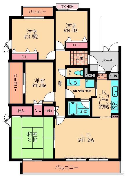 Floor plan. 4LDK, Price 21,800,000 yen, Occupied area 94.83 sq m , Balcony area 16.84 sq m