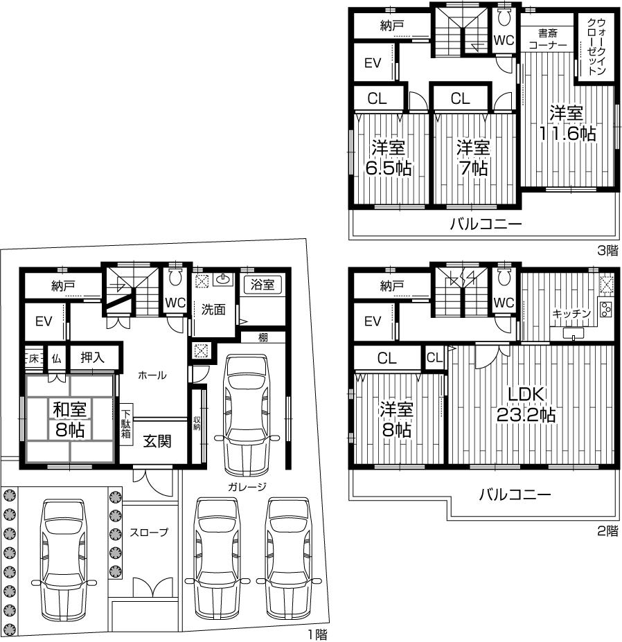 Floor plan. 59,800,000 yen, 5LDK + 3S (storeroom), Land area 165.65 sq m , Building area 215.4 sq m