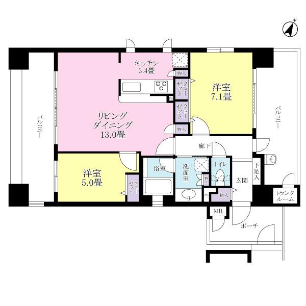 Floor plan. 2LDK, Price 19.9 million yen, Footprint 63.8 sq m , Balcony area 26.42 sq m