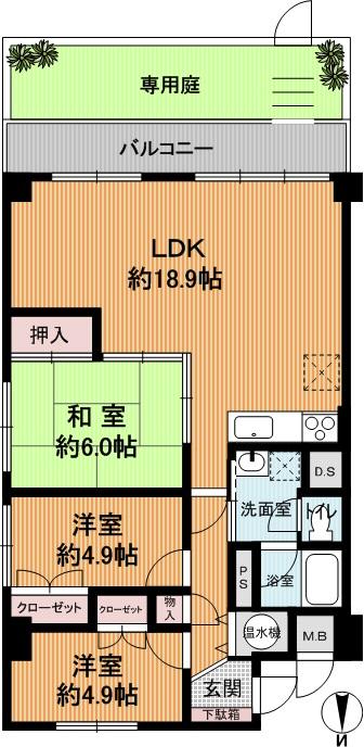 Floor plan. 3LDK, Price 14.8 million yen, Occupied area 78.95 sq m , For the balcony area 9.94 sq m angle dwelling unit, The room is bright. Also because of the change the 4LDK to 3LDK, LDK is now spacious.