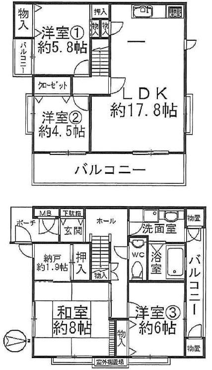 Floor plan. 4LDK + S (storeroom), Price 25,500,000 yen, Footprint 107.95 sq m , Balcony area 18.87 sq m