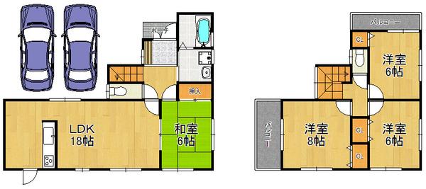 Floor plan. 24,800,000 yen, 4LDK, Land area 191.85 sq m , Building area 94.77 sq m 2 sided balcony, Convenient parking space two Allowed