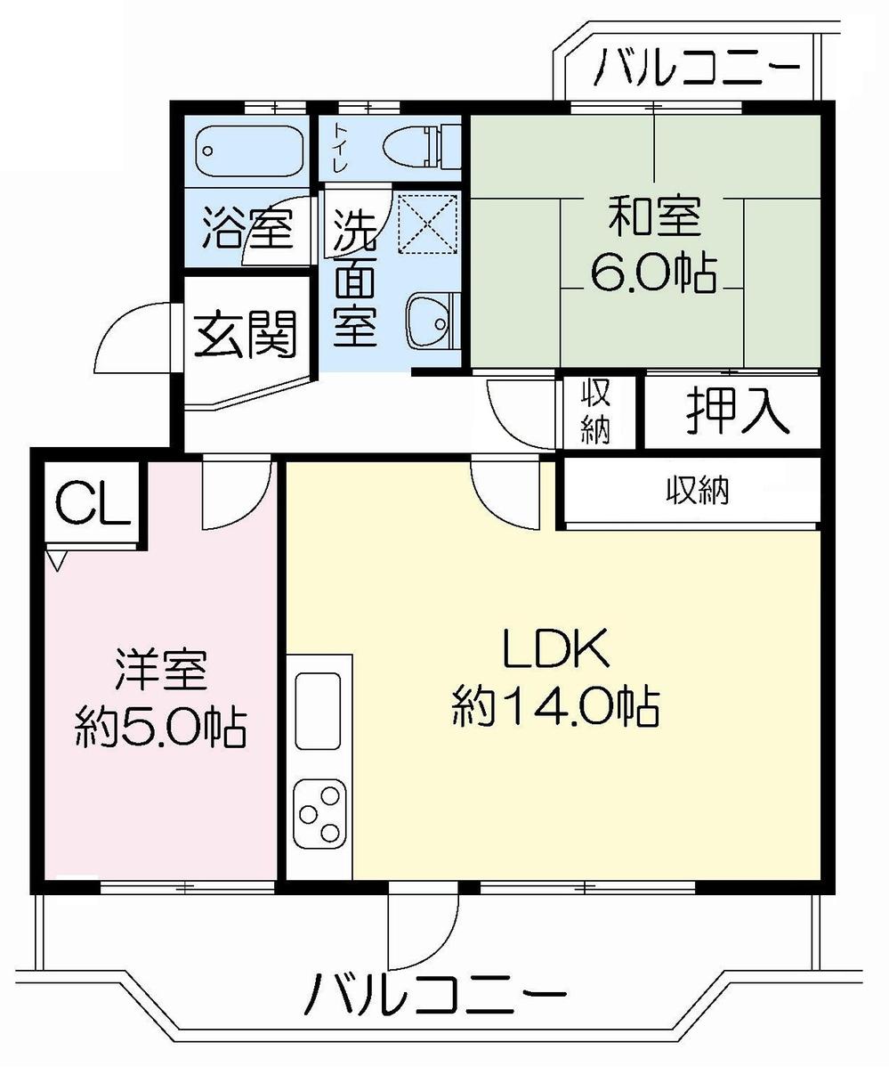 Floor plan. 2LDK, Price 7.7 million yen, Occupied area 61.35 sq m , Balcony area 11.94 sq m LDK about 14 Pledge
