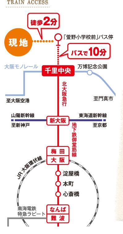 route map. Northern Osaka Express Namboku "Senri" Hankyu Bus ride 10 minutes from the station, "Kayano elementary school before" bus stop a 2-minute walk