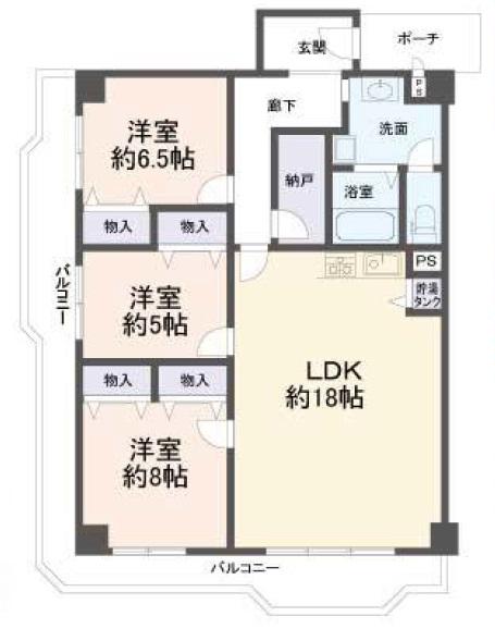 Floor plan. 3LDK, Price 19,800,000 yen, Occupied area 87.57 sq m , Balcony area 18.52 sq m entrance close to the water around the (basin ・ Bathroom ・ Place the toilet). Corridor is shorter minute, Further improve living and storage space. There is also a large storage.