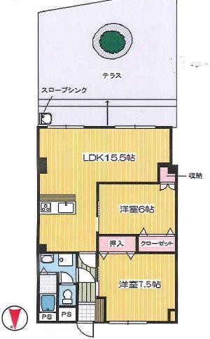 Floor plan. 2LDK, Price 15.8 million yen, Occupied area 60.23 sq m , Balcony area 45 sq m