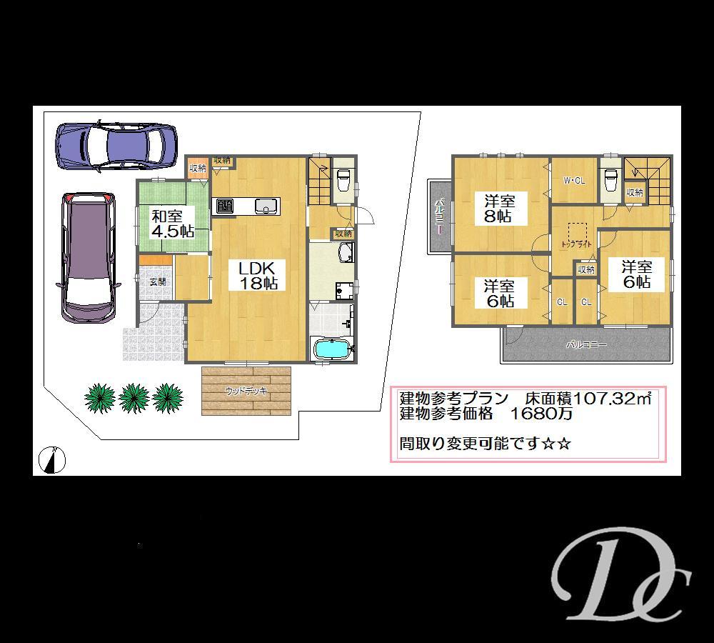 Compartment view + building plan example. Building plan example, Land price 29,800,000 yen, Land area 156.66 sq m , Building price 16.8 million yen, Building area 107.32 sq m building plan example, Land price 29,800,000 yen, Land area 156.66 sq m , Building price 16.8 million yen, Building area 107.32 sq m Land and buildings set reference price 46600000 Matrix can be changed