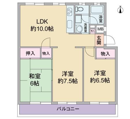 Floor plan. 3LDK, Price 8.5 million yen, Occupied area 65.64 sq m , Balcony area 10.6 sq m