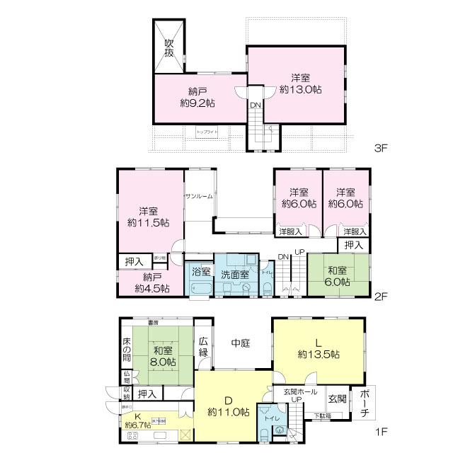 Floor plan. 56,800,000 yen, 6LDK + 2S (storeroom), Land area 220.15 sq m , Building area 262.98 sq m 6LDK + storeroom two places And many families you can you live spacious also. 