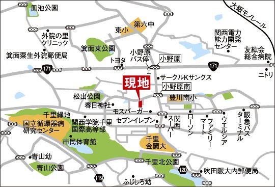 Local guide map. Local is located in the lush greenery also spread a quiet residential area, A 3-minute walk Minami Toyokawa Elementary School, Fulfilling also living facilities, such as Kansai Super a 5-minute walk. Aligned also starting station of Hankyu Senri Line "Kitasenri" shopping facilities in front of the station is Local guide map