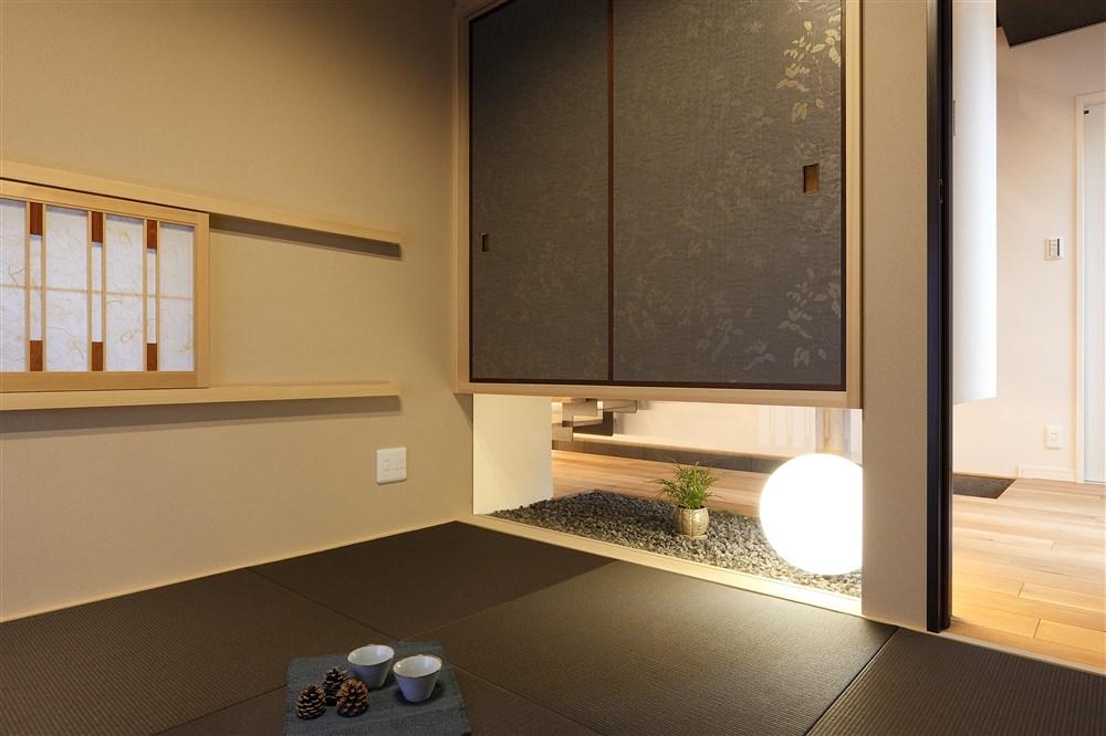 Building plan example (introspection photo).  [Our construction cases] In so calm atmosphere by changing the color of the tatami. The lower portion of the housing is possible to have a connection with the corridor, And it has spread. 