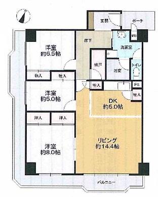 Floor plan. 3LDK, Price 19,800,000 yen, Occupied area 87.57 sq m , Balcony area 18.52 sq m