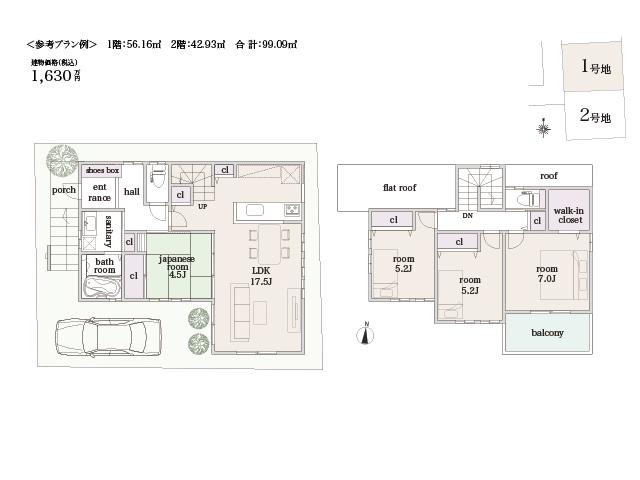 Compartment view + building plan example. Building plan example, Land price 22.5 million yen, Land area 99.63 sq m , Building price 16.3 million yen, Building area 99.63 sq m