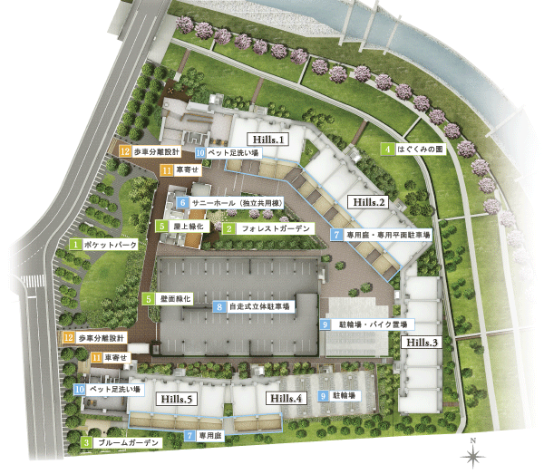 Features of the building.  [Land Plan] It has achieved a green space ratio of 35 percent to the vast site of about 19000 sq m, Clear some land plan. By minute building of five of the residential building, Charming appearance has been drawn with change. It has been provided, such as gardens and shared facilities to build a rich relationship of "natural" and "human" (land plan view)