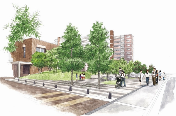 Pocket park that can be leisurely talk in the shade of the bench (Rendering)